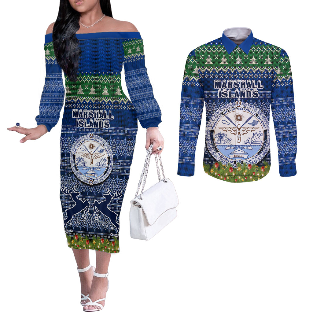 Personalised Marshall Islands Christmas Couples Matching Off The Shoulder Long Sleeve Dress and Long Sleeve Button Shirts Coat of Arms and Map Beautiful Merry Xmas Snowflake LT03 Blue - Polynesian Pride
