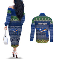 Personalised Marshall Islands Christmas Couples Matching Off The Shoulder Long Sleeve Dress and Long Sleeve Button Shirts Coat of Arms and Map Beautiful Merry Xmas Snowflake LT03 - Polynesian Pride