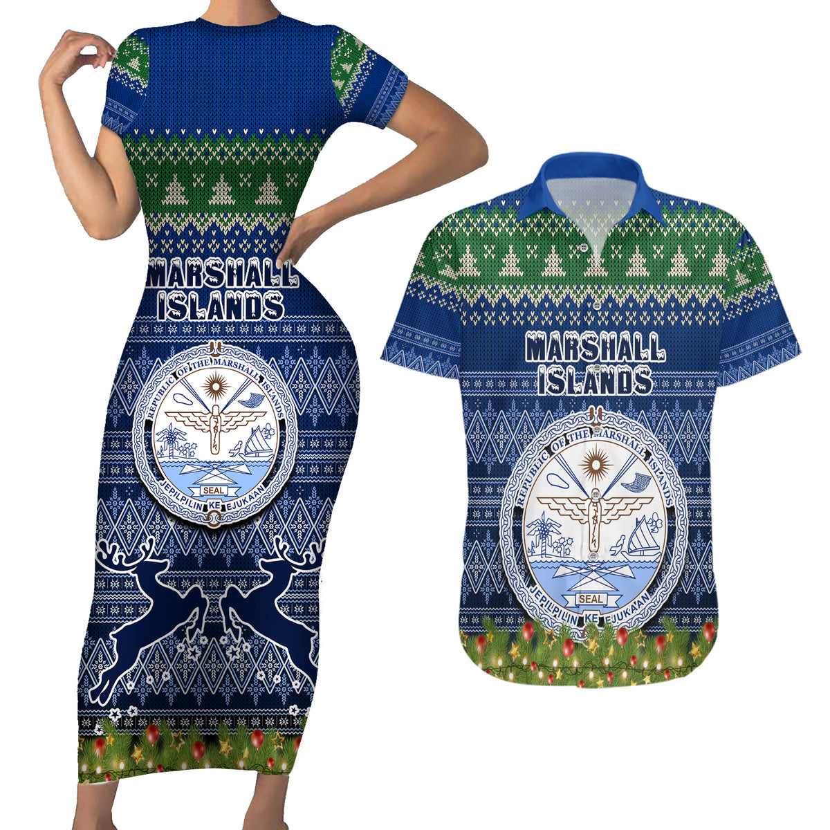Personalised Marshall Islands Christmas Couples Matching Short Sleeve Bodycon Dress and Hawaiian Shirt Coat of Arms and Map Beautiful Merry Xmas Snowflake LT03 Blue - Polynesian Pride