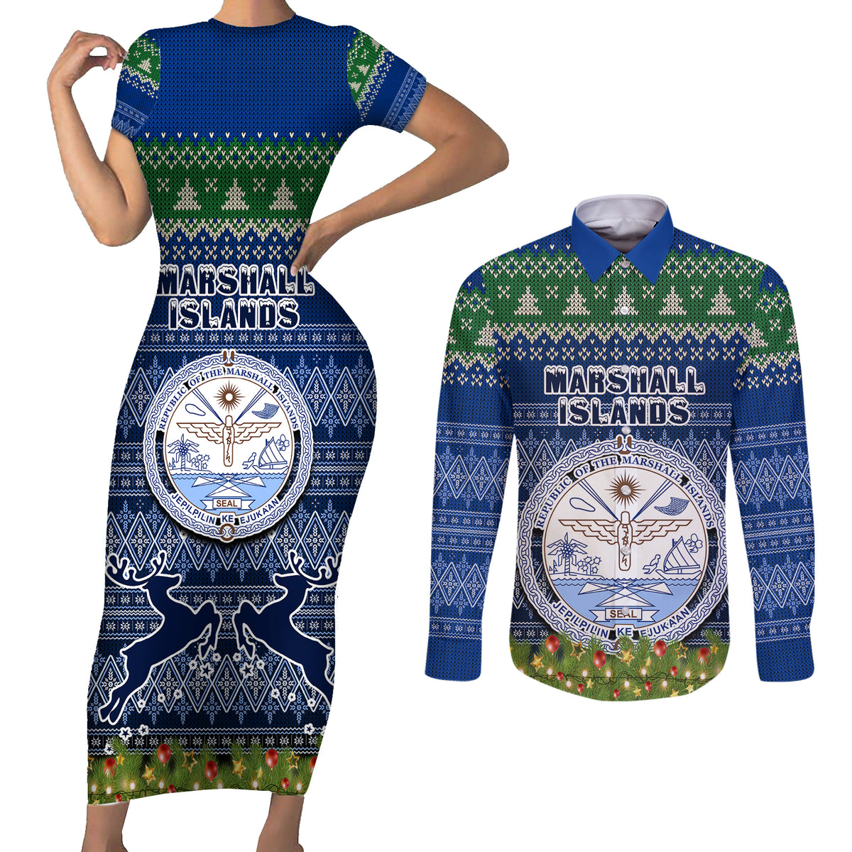 Personalised Marshall Islands Christmas Couples Matching Short Sleeve Bodycon Dress and Long Sleeve Button Shirts Coat of Arms and Map Beautiful Merry Xmas Snowflake LT03 Blue - Polynesian Pride