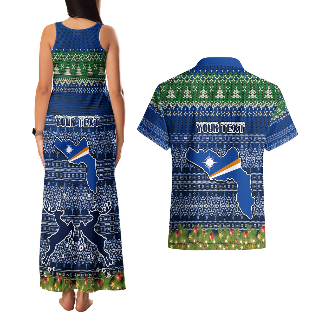 Personalised Marshall Islands Christmas Couples Matching Tank Maxi Dress and Hawaiian Shirt Coat of Arms and Map Beautiful Merry Xmas Snowflake LT03 - Polynesian Pride