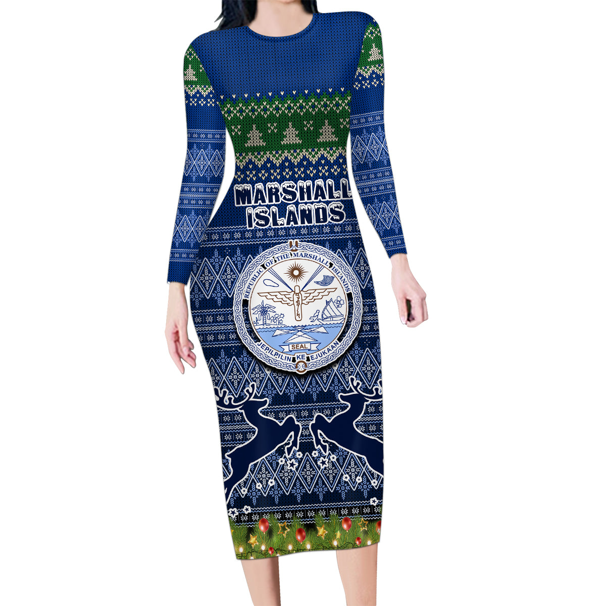 Personalised Marshall Islands Christmas Family Matching Long Sleeve Bodycon Dress and Hawaiian Shirt Coat of Arms and Map Beautiful Merry Xmas Snowflake LT03 Mom's Dress Blue - Polynesian Pride