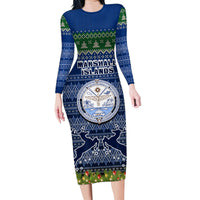 Personalised Marshall Islands Christmas Family Matching Long Sleeve Bodycon Dress and Hawaiian Shirt Coat of Arms and Map Beautiful Merry Xmas Snowflake LT03 Mom's Dress Blue - Polynesian Pride