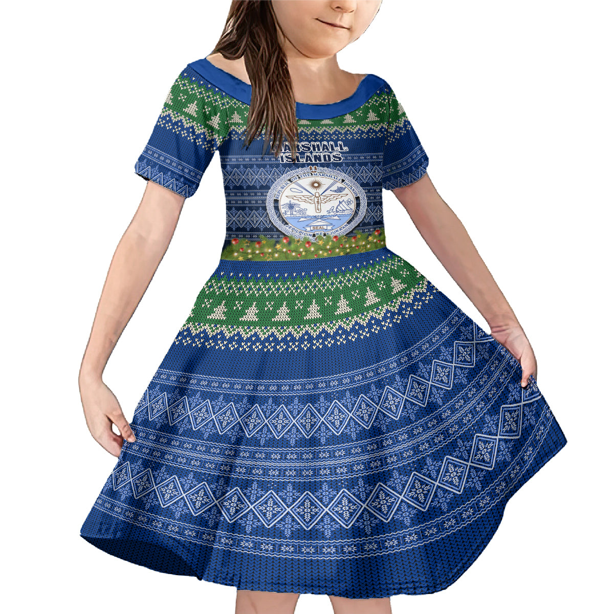 Personalised Marshall Islands Christmas Family Matching Mermaid Dress and Hawaiian Shirt Coat of Arms and Map Beautiful Merry Xmas Snowflake LT03 Daughter's Dress Blue - Polynesian Pride