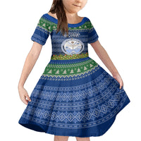 Personalised Marshall Islands Christmas Family Matching Mermaid Dress and Hawaiian Shirt Coat of Arms and Map Beautiful Merry Xmas Snowflake LT03 Daughter's Dress Blue - Polynesian Pride