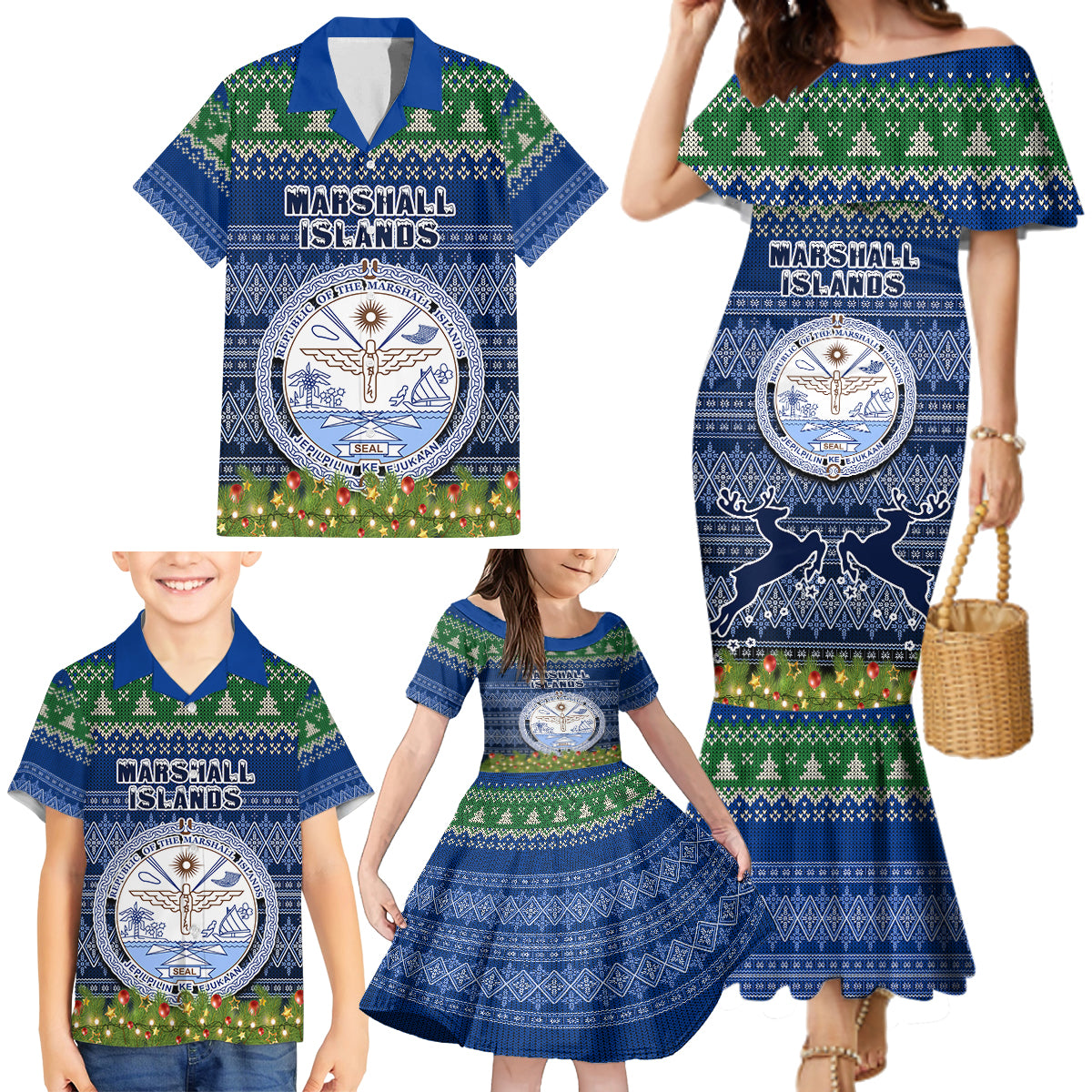 Personalised Marshall Islands Christmas Family Matching Mermaid Dress and Hawaiian Shirt Coat of Arms and Map Beautiful Merry Xmas Snowflake LT03 - Polynesian Pride