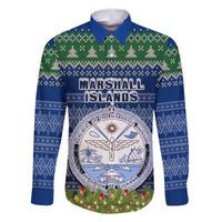 Personalised Marshall Islands Christmas Family Matching Mermaid Dress and Hawaiian Shirt Coat of Arms and Map Beautiful Merry Xmas Snowflake LT03 Dad's Shirt - Long Sleeve Blue - Polynesian Pride