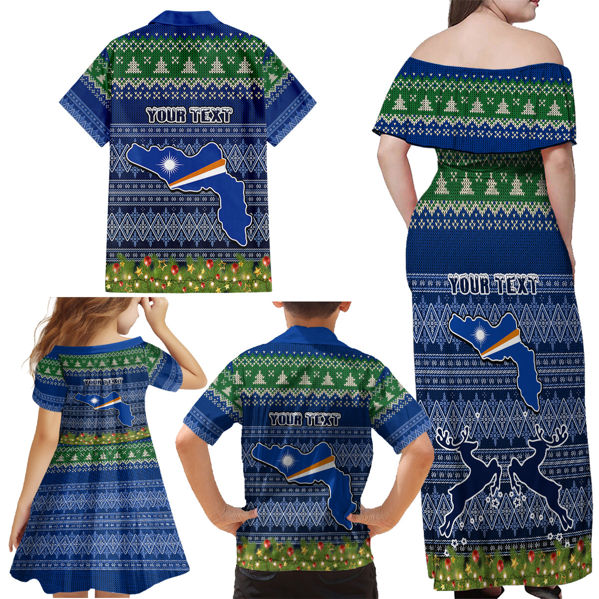 Personalised Marshall Islands Christmas Family Matching Off Shoulder Long Sleeve Dress and Hawaiian Shirt Coat of Arms and Map Beautiful Merry Xmas Snowflake LT03 - Polynesian Pride