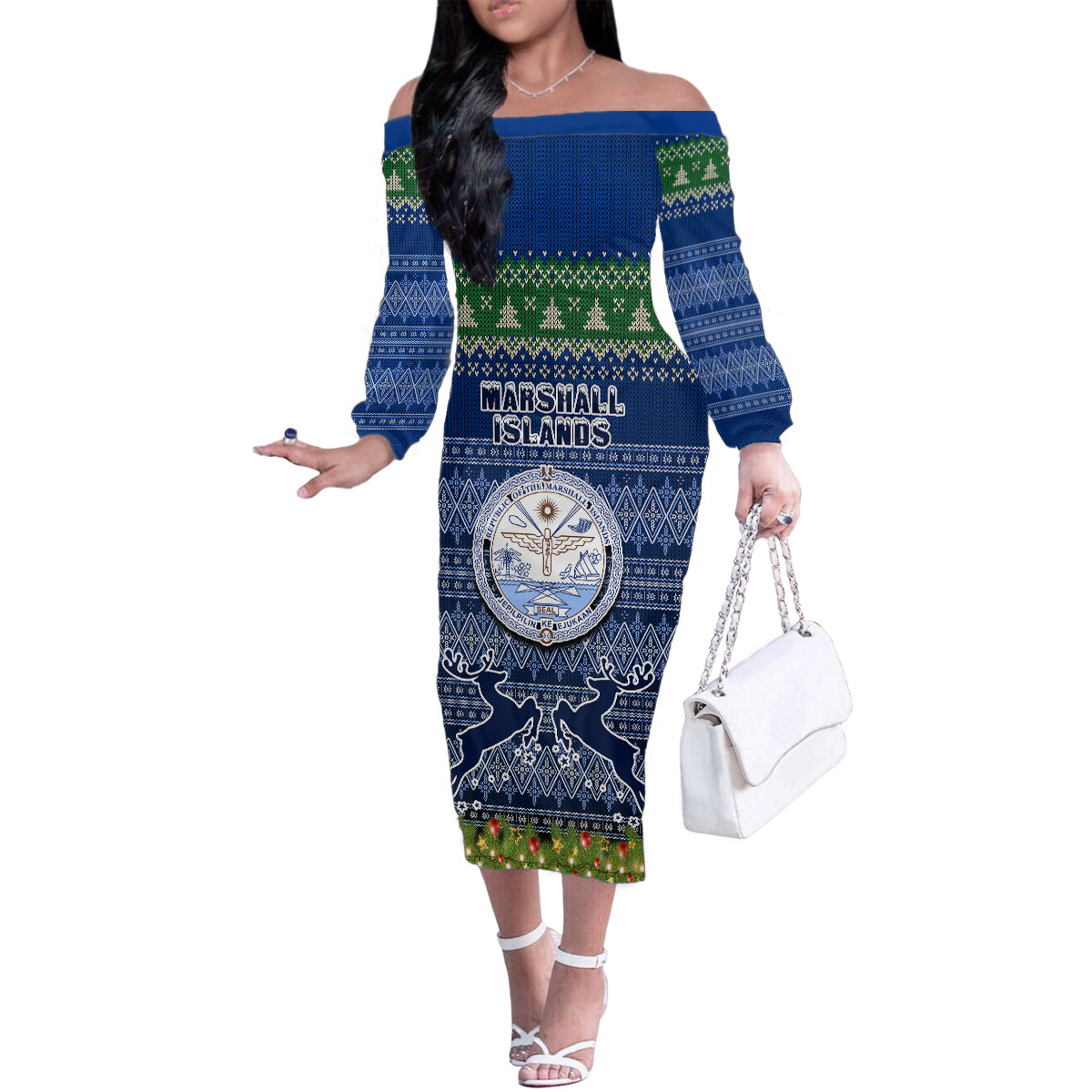 Personalised Marshall Islands Christmas Family Matching Off Shoulder Long Sleeve Dress and Hawaiian Shirt Coat of Arms and Map Beautiful Merry Xmas Snowflake LT03 Mom's Dress Blue - Polynesian Pride