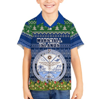 Personalised Marshall Islands Christmas Family Matching Off Shoulder Long Sleeve Dress and Hawaiian Shirt Coat of Arms and Map Beautiful Merry Xmas Snowflake LT03 Son's Shirt Blue - Polynesian Pride