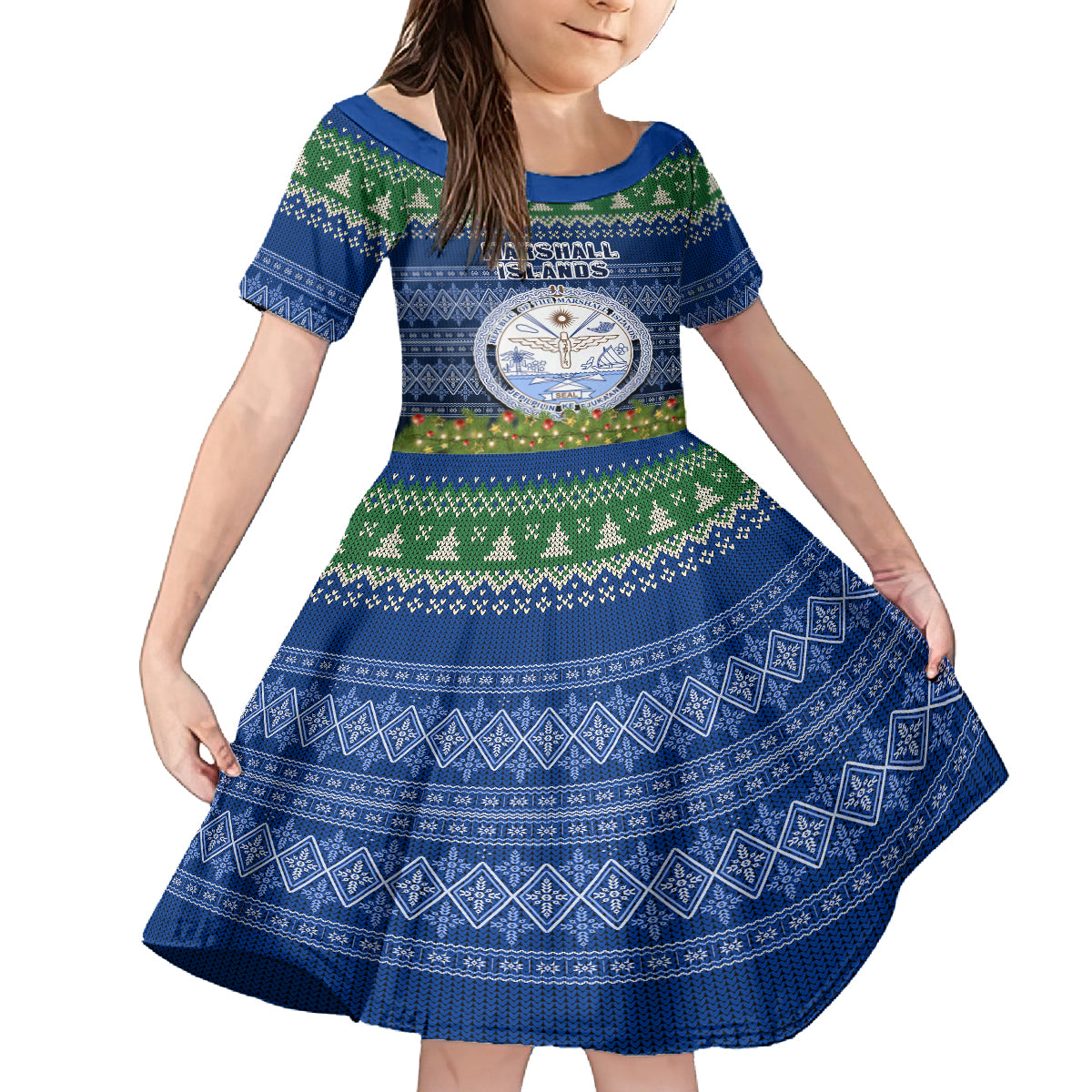 Personalised Marshall Islands Christmas Family Matching Off Shoulder Maxi Dress and Hawaiian Shirt Coat of Arms and Map Beautiful Merry Xmas Snowflake LT03 Daughter's Dress Blue - Polynesian Pride
