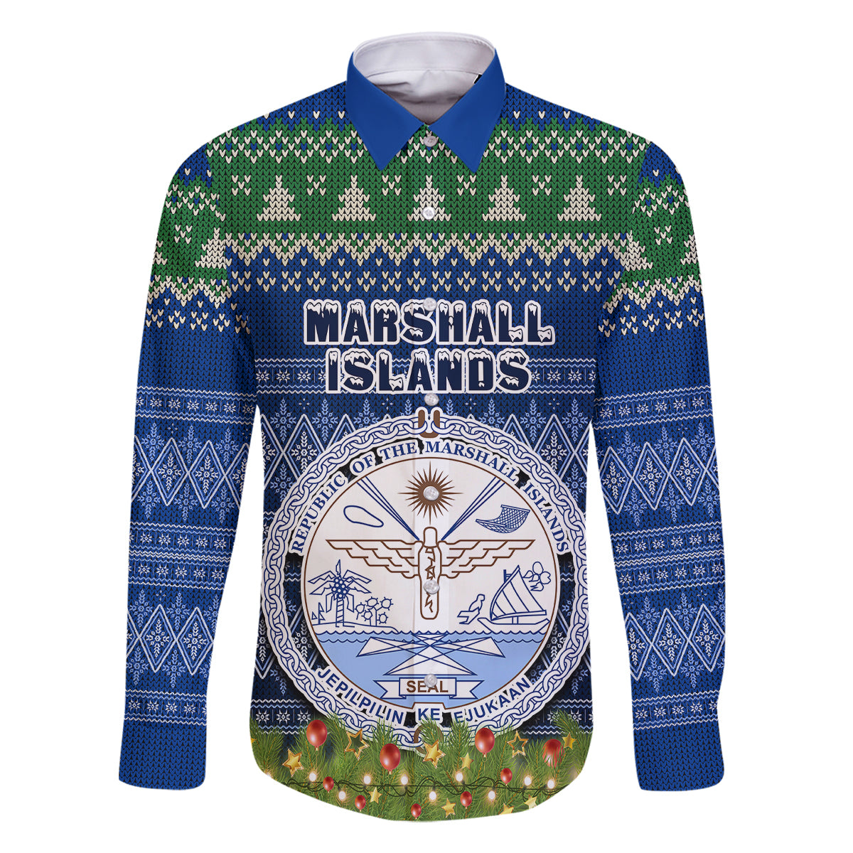 Personalised Marshall Islands Christmas Family Matching Off Shoulder Maxi Dress and Hawaiian Shirt Coat of Arms and Map Beautiful Merry Xmas Snowflake LT03 Dad's Shirt - Short Sleeve Blue - Polynesian Pride