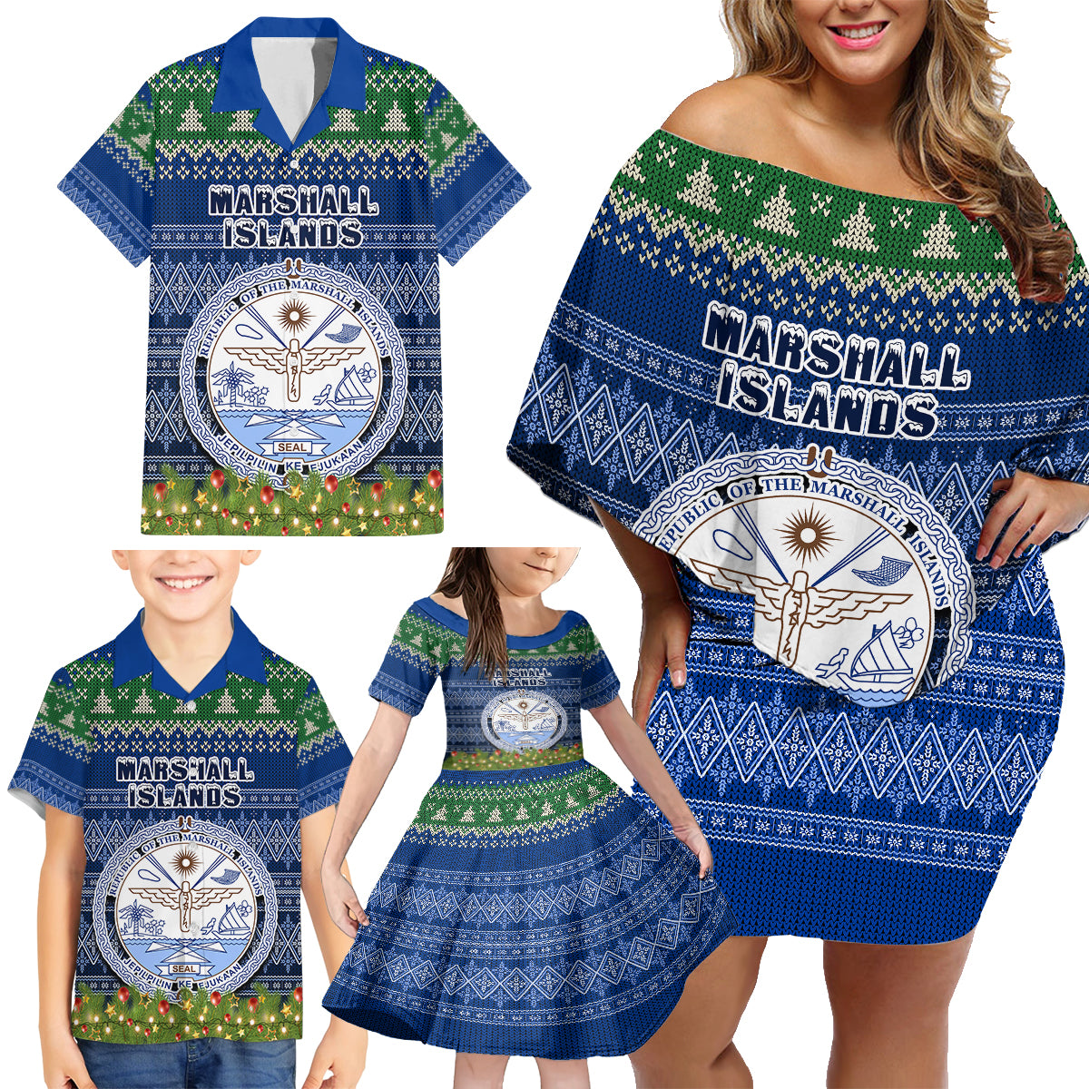 Personalised Marshall Islands Christmas Family Matching Off Shoulder Short Dress and Hawaiian Shirt Coat of Arms and Map Beautiful Merry Xmas Snowflake LT03 - Polynesian Pride