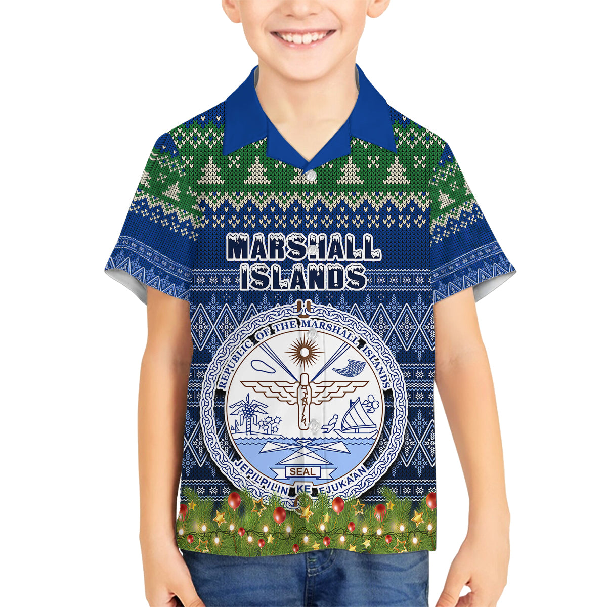 Personalised Marshall Islands Christmas Family Matching Off Shoulder Short Dress and Hawaiian Shirt Coat of Arms and Map Beautiful Merry Xmas Snowflake LT03 Son's Shirt Blue - Polynesian Pride