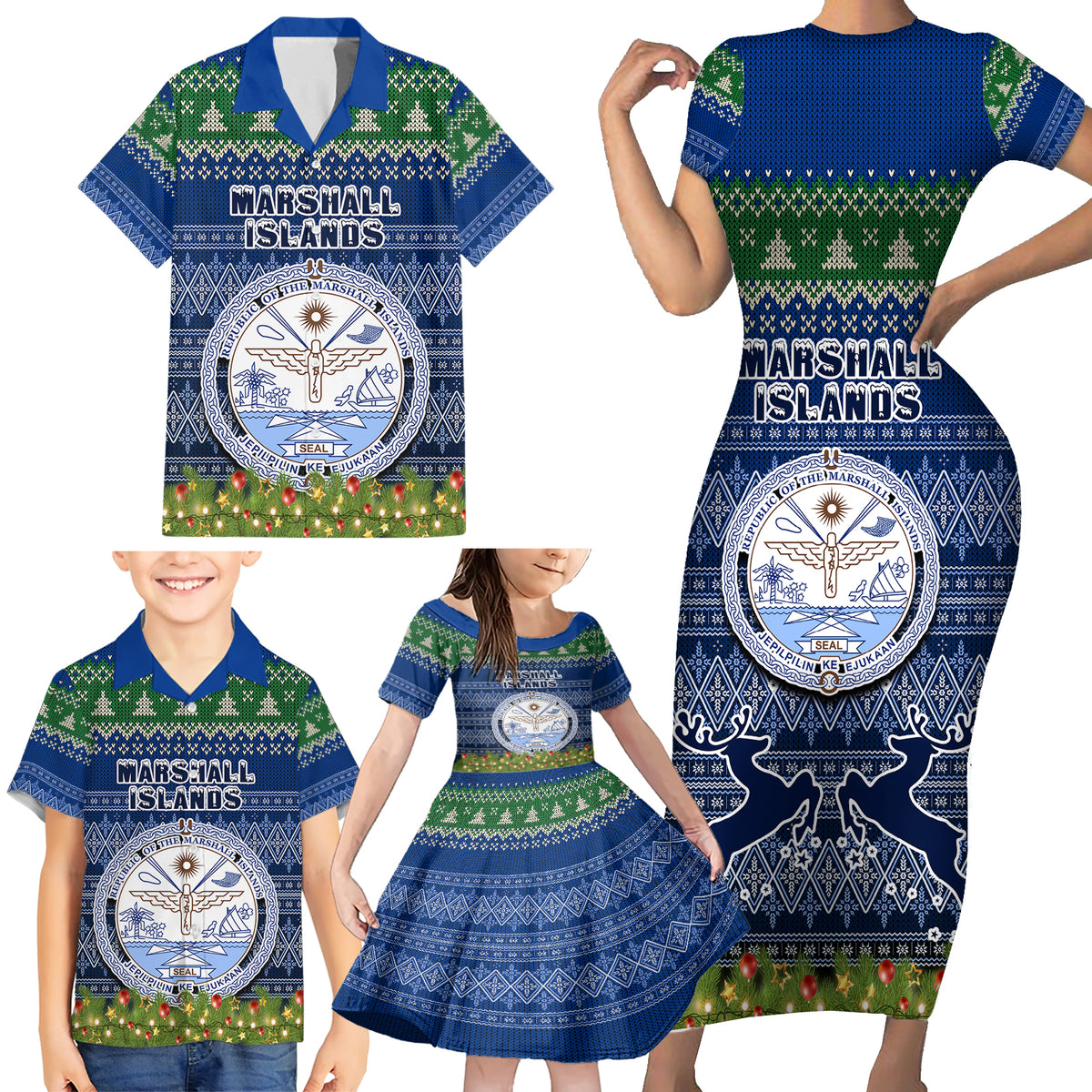 Personalised Marshall Islands Christmas Family Matching Short Sleeve Bodycon Dress and Hawaiian Shirt Coat of Arms and Map Beautiful Merry Xmas Snowflake LT03 - Polynesian Pride