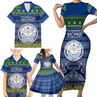 Personalised Marshall Islands Christmas Family Matching Short Sleeve Bodycon Dress and Hawaiian Shirt Coat of Arms and Map Beautiful Merry Xmas Snowflake LT03 - Polynesian Pride