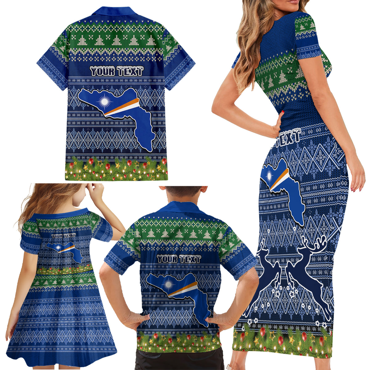 Personalised Marshall Islands Christmas Family Matching Short Sleeve Bodycon Dress and Hawaiian Shirt Coat of Arms and Map Beautiful Merry Xmas Snowflake LT03 - Polynesian Pride