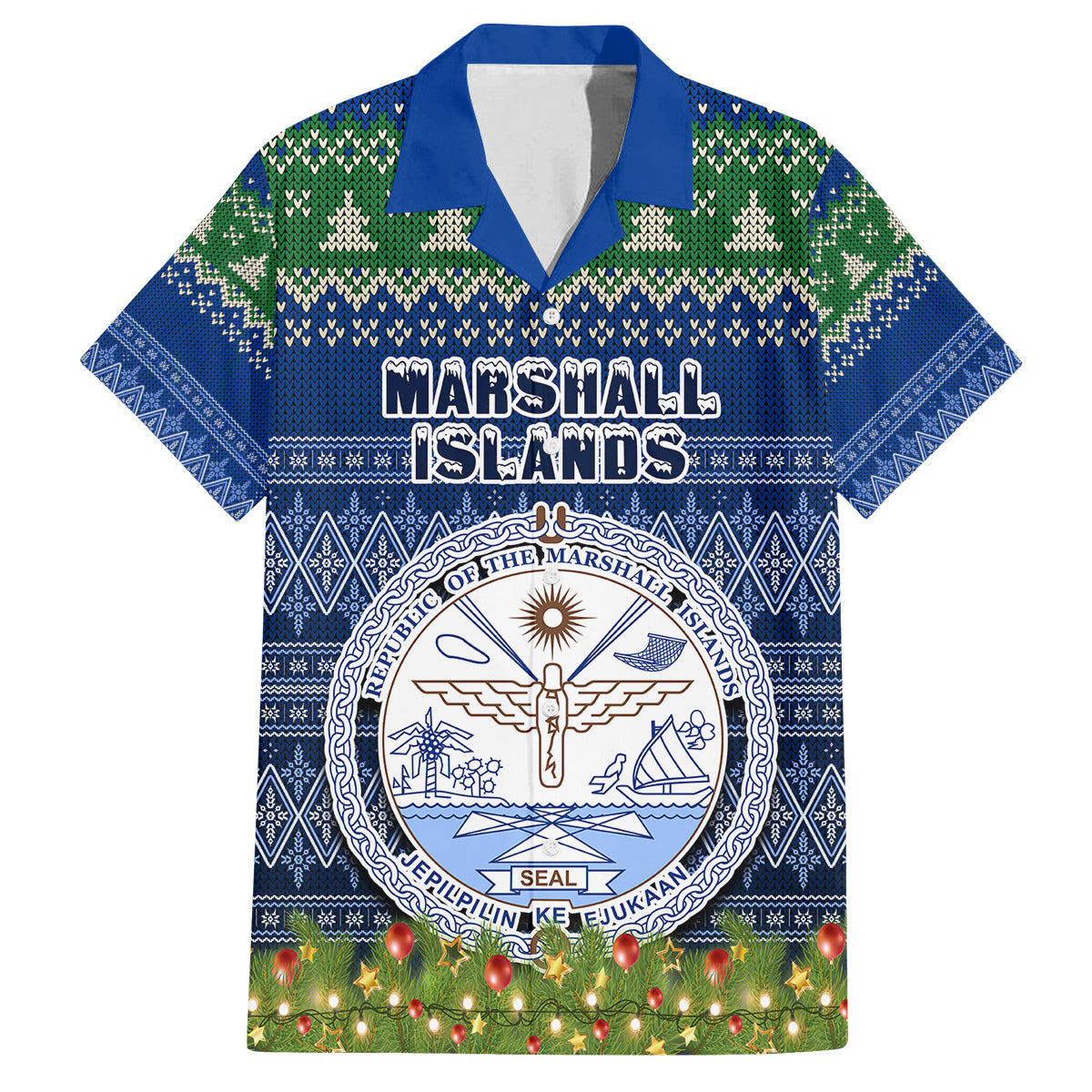 Personalised Marshall Islands Christmas Family Matching Summer Maxi Dress and Hawaiian Shirt Coat of Arms and Map Beautiful Merry Xmas Snowflake LT03 Dad's Shirt - Short Sleeve Blue - Polynesian Pride