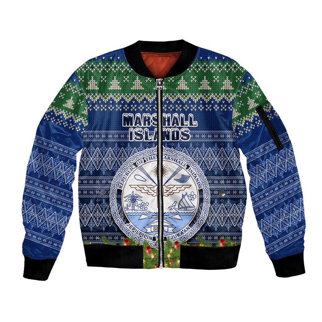 Personalised Marshall Islands Christmas Sleeve Zip Bomber Jacket Coat of Arms and Map Beautiful Merry Xmas Snowflake LT03 Unisex Blue - Polynesian Pride