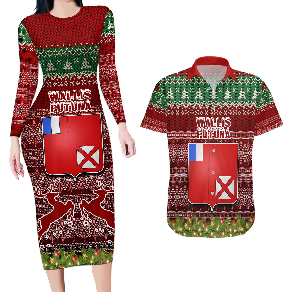 Personalised Wallis and Futuna Christmas Couples Matching Long Sleeve Bodycon Dress and Hawaiian Shirt Coat of Arms and Map Beautiful Merry Xmas Snowflake LT03 Red - Polynesian Pride