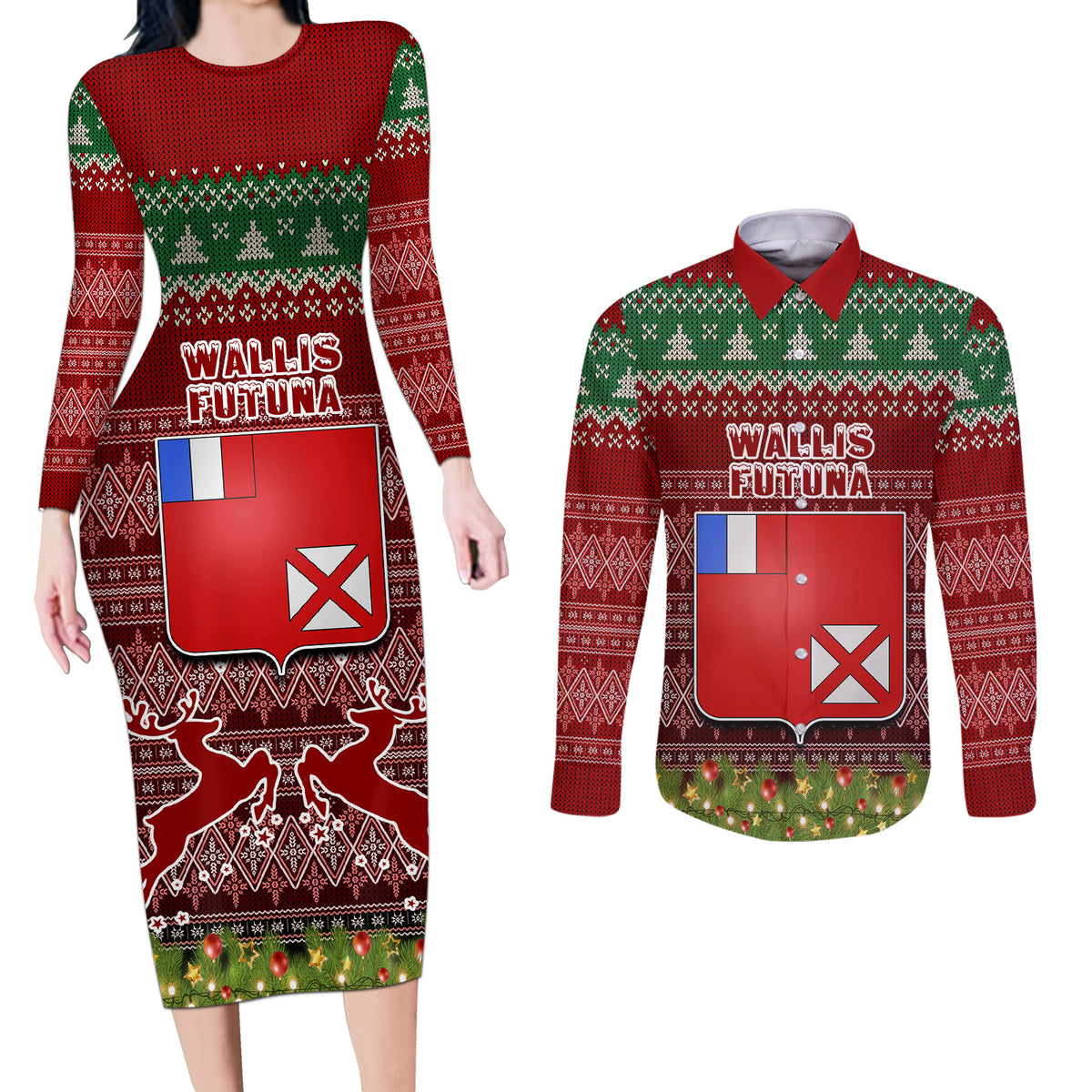 Personalised Wallis and Futuna Christmas Couples Matching Long Sleeve Bodycon Dress and Long Sleeve Button Shirts Coat of Arms and Map Beautiful Merry Xmas Snowflake LT03 Red - Polynesian Pride