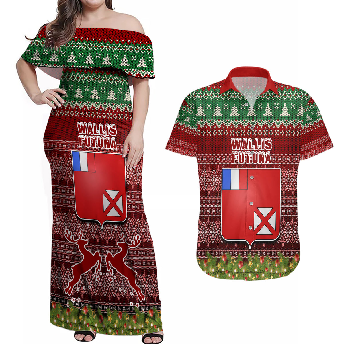Personalised Wallis and Futuna Christmas Couples Matching Off Shoulder Maxi Dress and Hawaiian Shirt Coat of Arms and Map Beautiful Merry Xmas Snowflake LT03 Red - Polynesian Pride