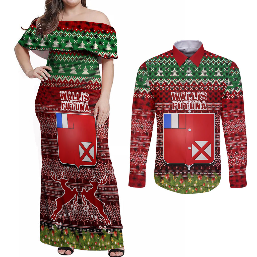 Personalised Wallis and Futuna Christmas Couples Matching Off Shoulder Maxi Dress and Long Sleeve Button Shirts Coat of Arms and Map Beautiful Merry Xmas Snowflake LT03 Red - Polynesian Pride