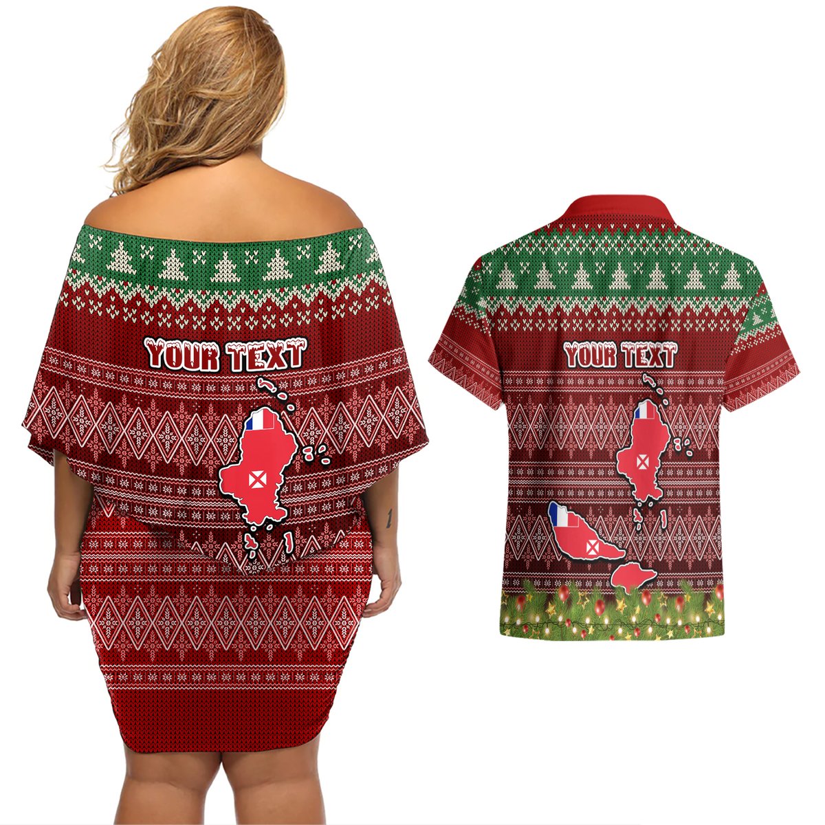 Personalised Wallis and Futuna Christmas Couples Matching Off Shoulder Short Dress and Hawaiian Shirt Coat of Arms and Map Beautiful Merry Xmas Snowflake LT03 - Polynesian Pride