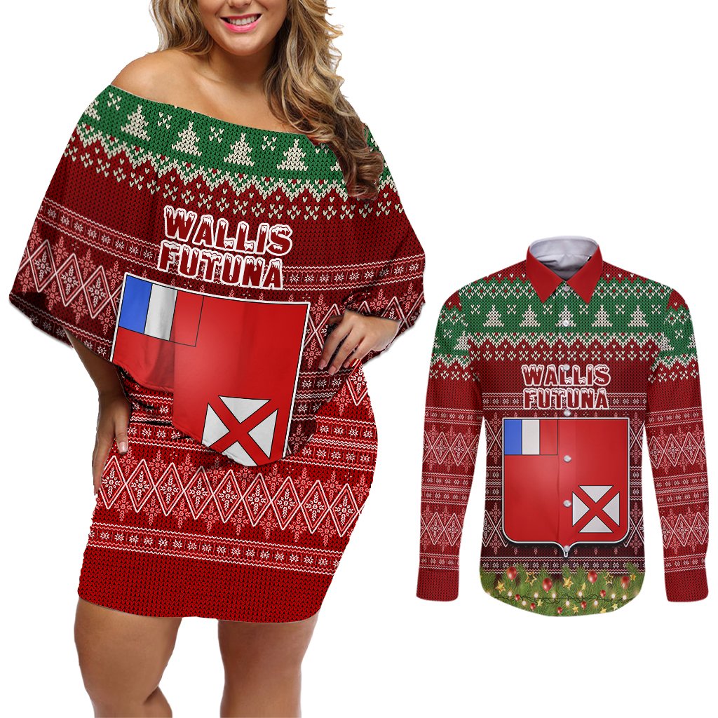 Personalised Wallis and Futuna Christmas Couples Matching Off Shoulder Short Dress and Long Sleeve Button Shirts Coat of Arms and Map Beautiful Merry Xmas Snowflake LT03 Red - Polynesian Pride