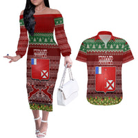 Personalised Wallis and Futuna Christmas Couples Matching Off The Shoulder Long Sleeve Dress and Hawaiian Shirt Coat of Arms and Map Beautiful Merry Xmas Snowflake LT03 Red - Polynesian Pride