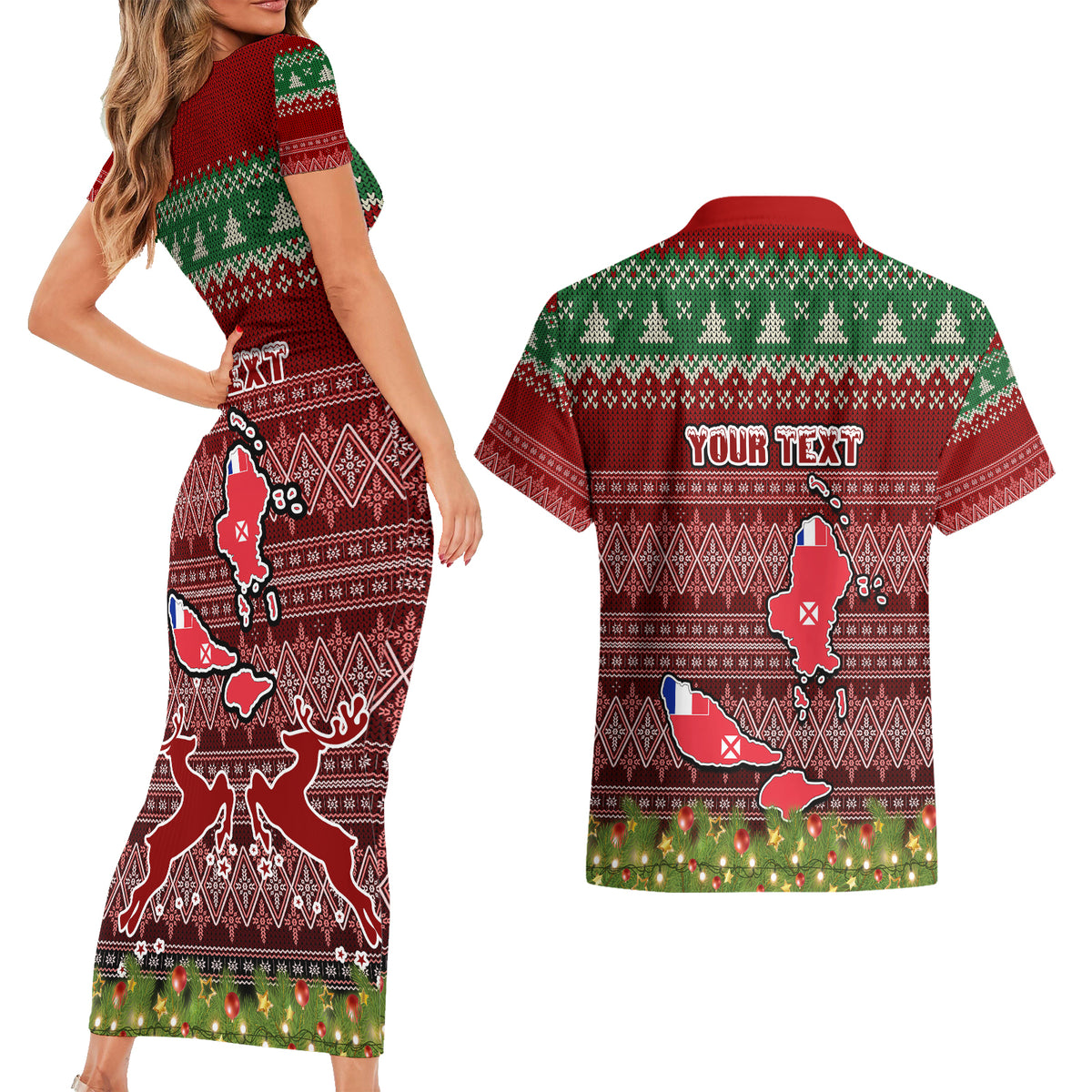 Personalised Wallis and Futuna Christmas Couples Matching Short Sleeve Bodycon Dress and Hawaiian Shirt Coat of Arms and Map Beautiful Merry Xmas Snowflake LT03 - Polynesian Pride