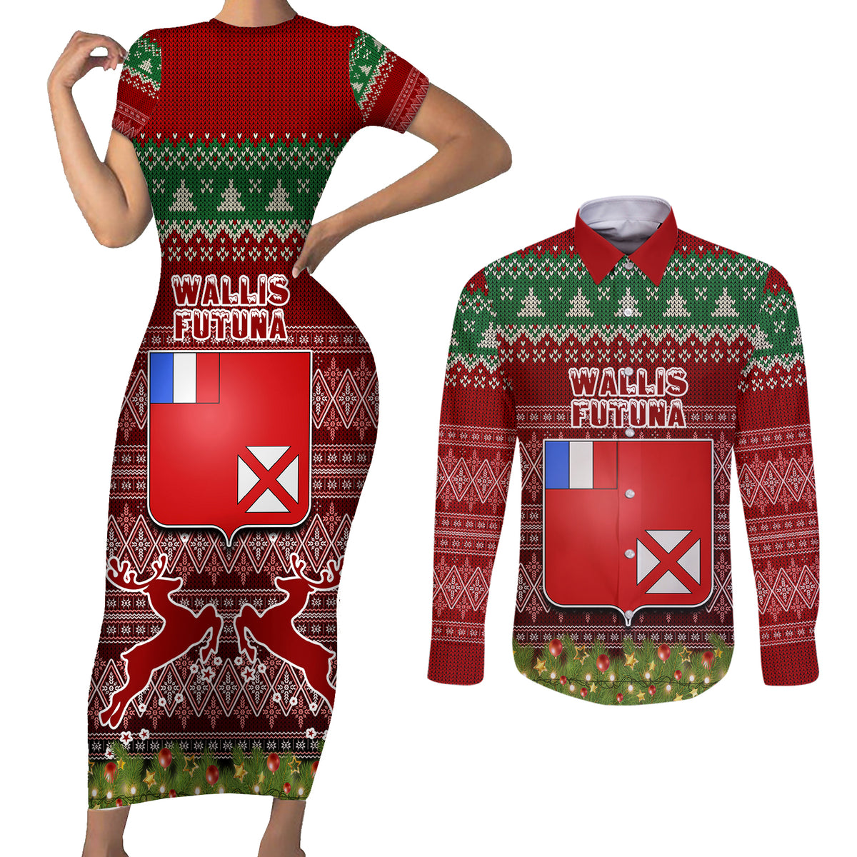 Personalised Wallis and Futuna Christmas Couples Matching Short Sleeve Bodycon Dress and Long Sleeve Button Shirts Coat of Arms and Map Beautiful Merry Xmas Snowflake LT03 Red - Polynesian Pride
