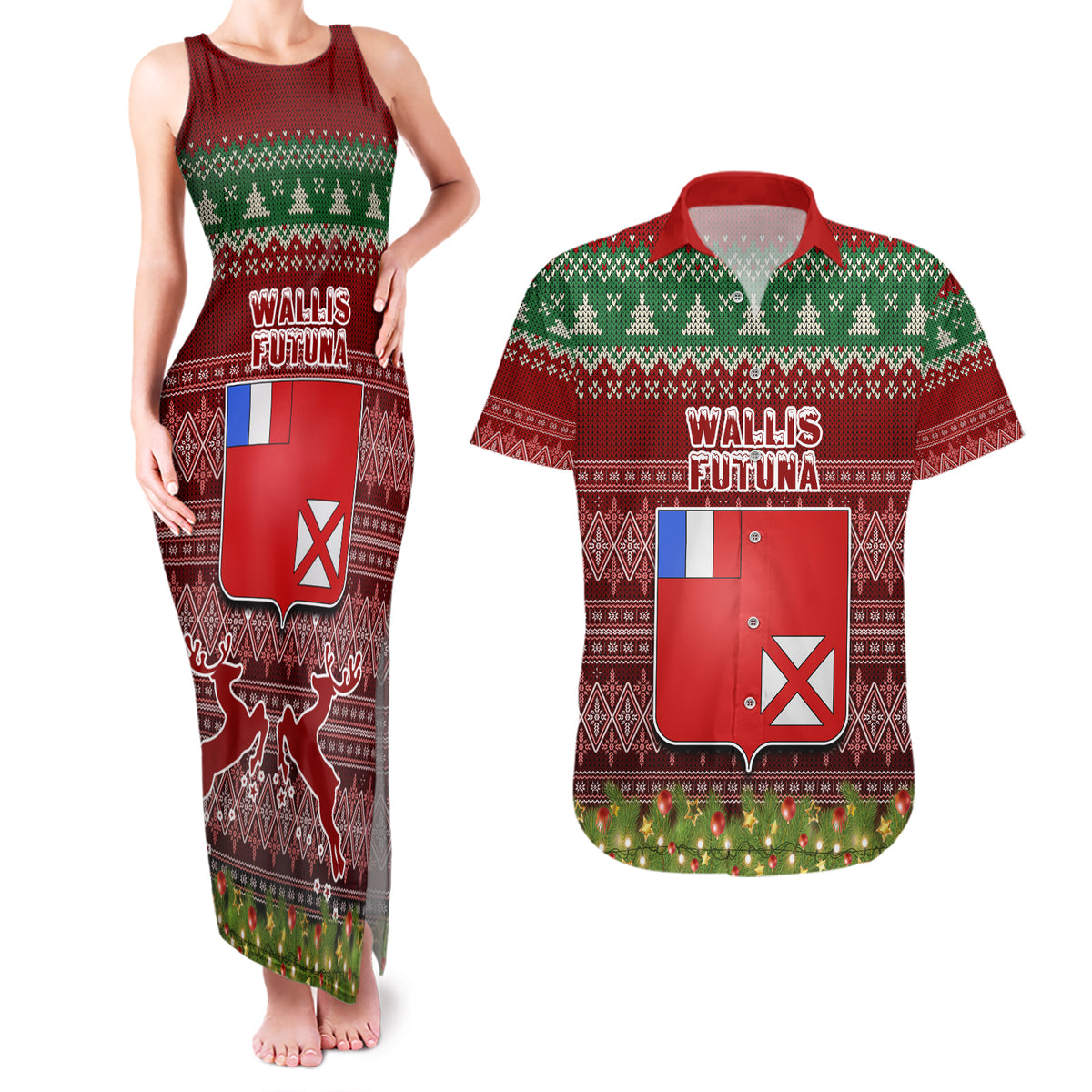 Personalised Wallis and Futuna Christmas Couples Matching Tank Maxi Dress and Hawaiian Shirt Coat of Arms and Map Beautiful Merry Xmas Snowflake LT03 Red - Polynesian Pride