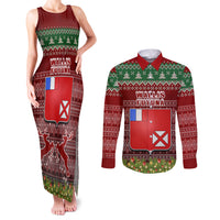 Personalised Wallis and Futuna Christmas Couples Matching Tank Maxi Dress and Long Sleeve Button Shirts Coat of Arms and Map Beautiful Merry Xmas Snowflake LT03 Red - Polynesian Pride