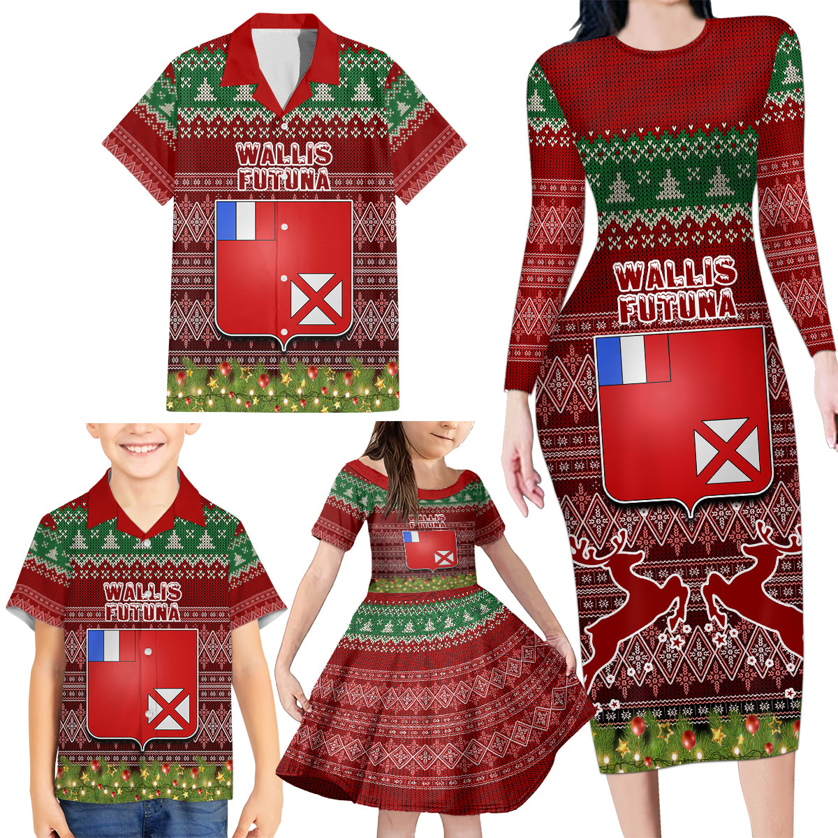 Personalised Wallis and Futuna Christmas Family Matching Long Sleeve Bodycon Dress and Hawaiian Shirt Coat of Arms and Map Beautiful Merry Xmas Snowflake LT03 - Polynesian Pride