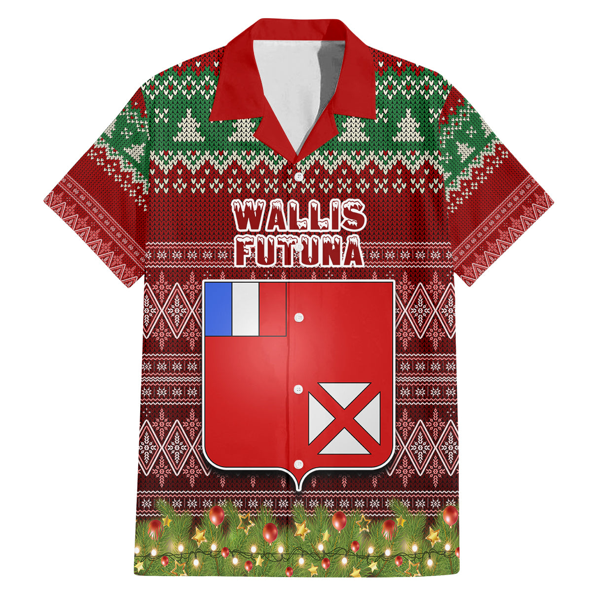 Personalised Wallis and Futuna Christmas Family Matching Mermaid Dress and Hawaiian Shirt Coat of Arms and Map Beautiful Merry Xmas Snowflake LT03 Dad's Shirt - Short Sleeve Red - Polynesian Pride