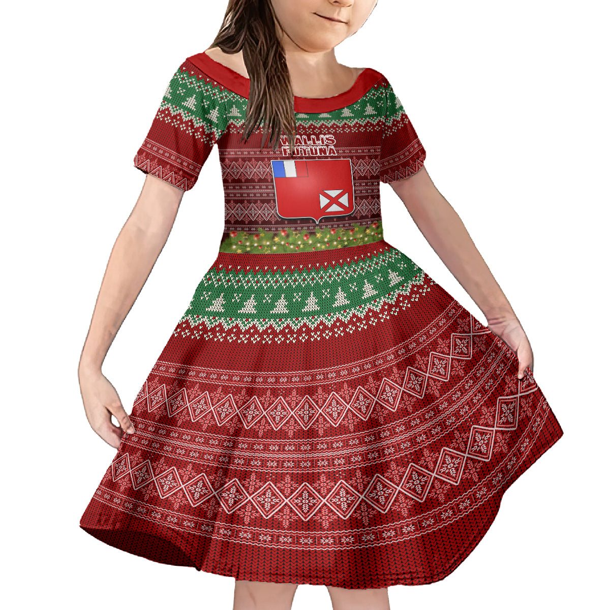Personalised Wallis and Futuna Christmas Family Matching Off Shoulder Long Sleeve Dress and Hawaiian Shirt Coat of Arms and Map Beautiful Merry Xmas Snowflake LT03 Daughter's Dress Red - Polynesian Pride