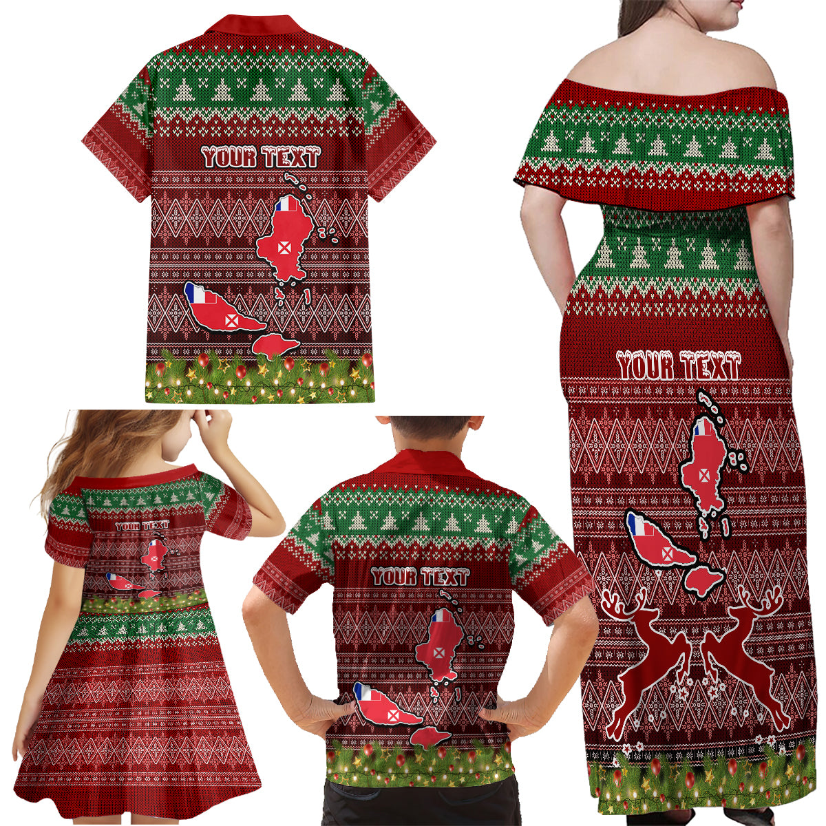 Personalised Wallis and Futuna Christmas Family Matching Off Shoulder Long Sleeve Dress and Hawaiian Shirt Coat of Arms and Map Beautiful Merry Xmas Snowflake LT03 - Polynesian Pride