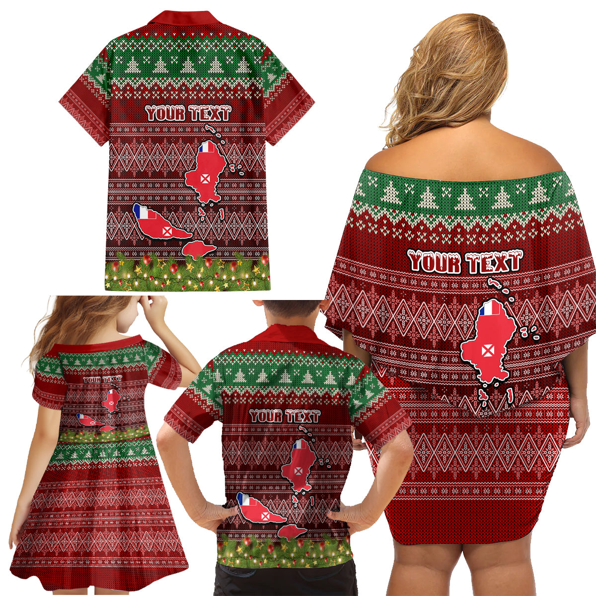 Personalised Wallis and Futuna Christmas Family Matching Off Shoulder Short Dress and Hawaiian Shirt Coat of Arms and Map Beautiful Merry Xmas Snowflake LT03 - Polynesian Pride