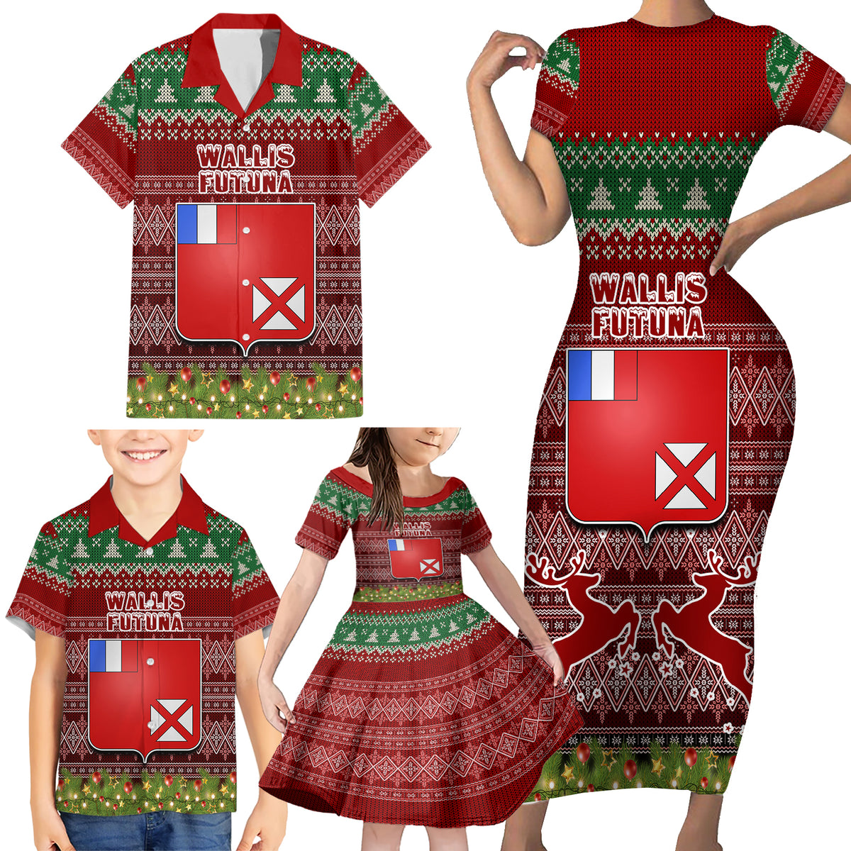 Personalised Wallis and Futuna Christmas Family Matching Short Sleeve Bodycon Dress and Hawaiian Shirt Coat of Arms and Map Beautiful Merry Xmas Snowflake LT03 - Polynesian Pride