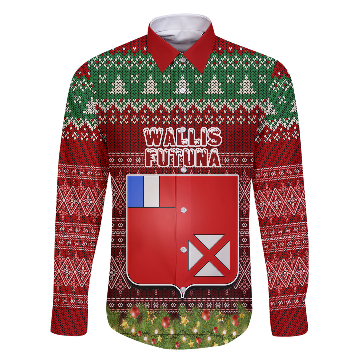 Personalised Wallis and Futuna Christmas Family Matching Short Sleeve Bodycon Dress and Hawaiian Shirt Coat of Arms and Map Beautiful Merry Xmas Snowflake LT03 Dad's Shirt - Long Sleeve Red - Polynesian Pride