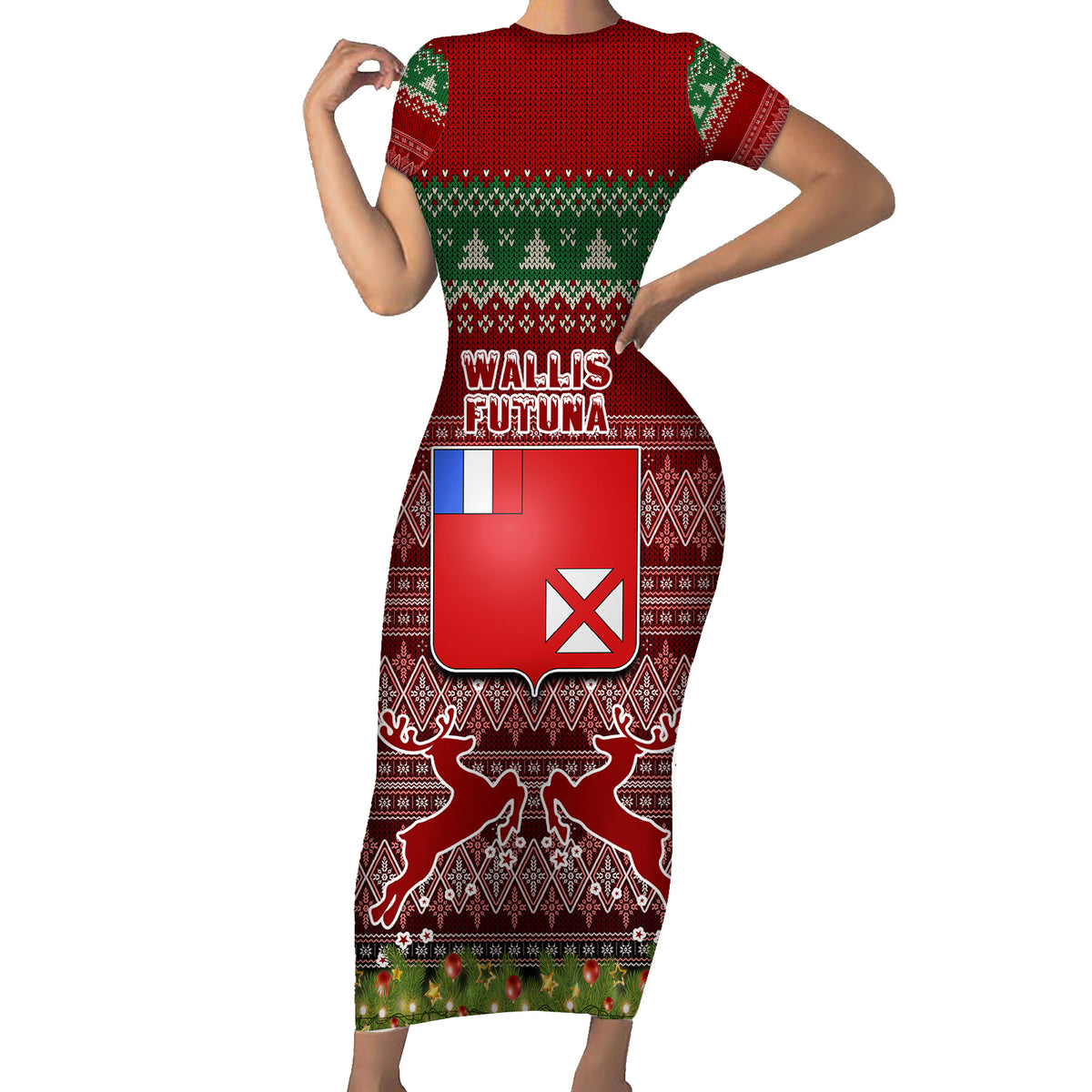 Personalised Wallis and Futuna Christmas Family Matching Short Sleeve Bodycon Dress and Hawaiian Shirt Coat of Arms and Map Beautiful Merry Xmas Snowflake LT03 Mom's Dress Red - Polynesian Pride