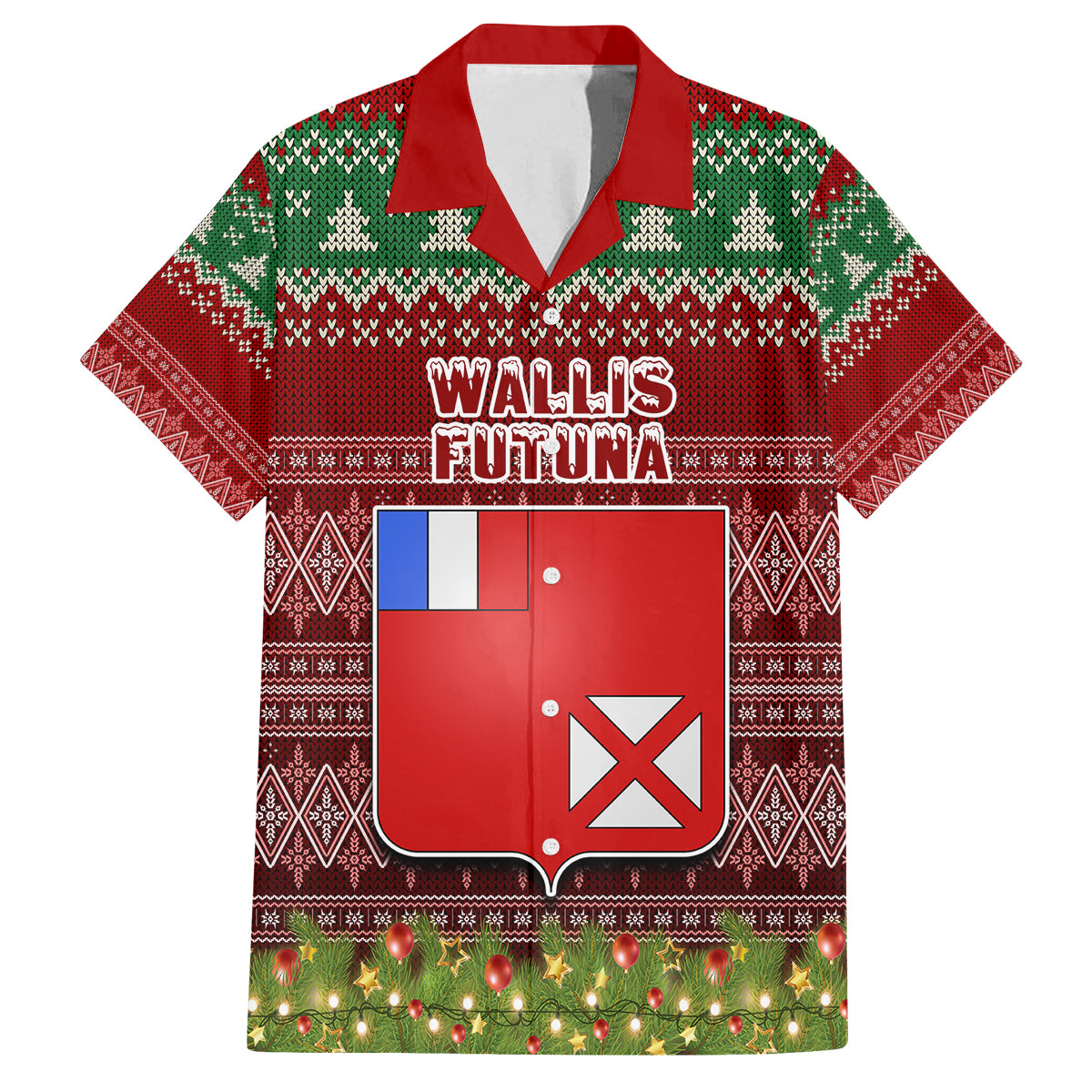 Personalised Wallis and Futuna Christmas Family Matching Tank Maxi Dress and Hawaiian Shirt Coat of Arms and Map Beautiful Merry Xmas Snowflake LT03 Dad's Shirt - Short Sleeve Red - Polynesian Pride