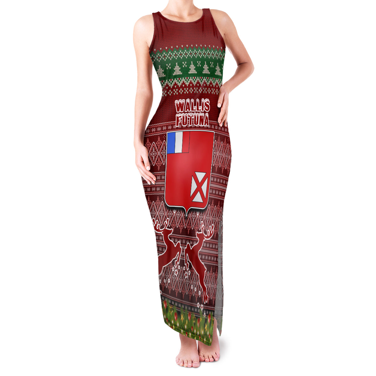 Personalised Wallis and Futuna Christmas Family Matching Tank Maxi Dress and Hawaiian Shirt Coat of Arms and Map Beautiful Merry Xmas Snowflake LT03 Mom's Dress Red - Polynesian Pride