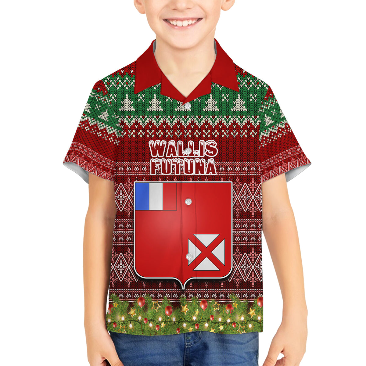Personalised Wallis and Futuna Christmas Family Matching Tank Maxi Dress and Hawaiian Shirt Coat of Arms and Map Beautiful Merry Xmas Snowflake LT03 Son's Shirt Red - Polynesian Pride