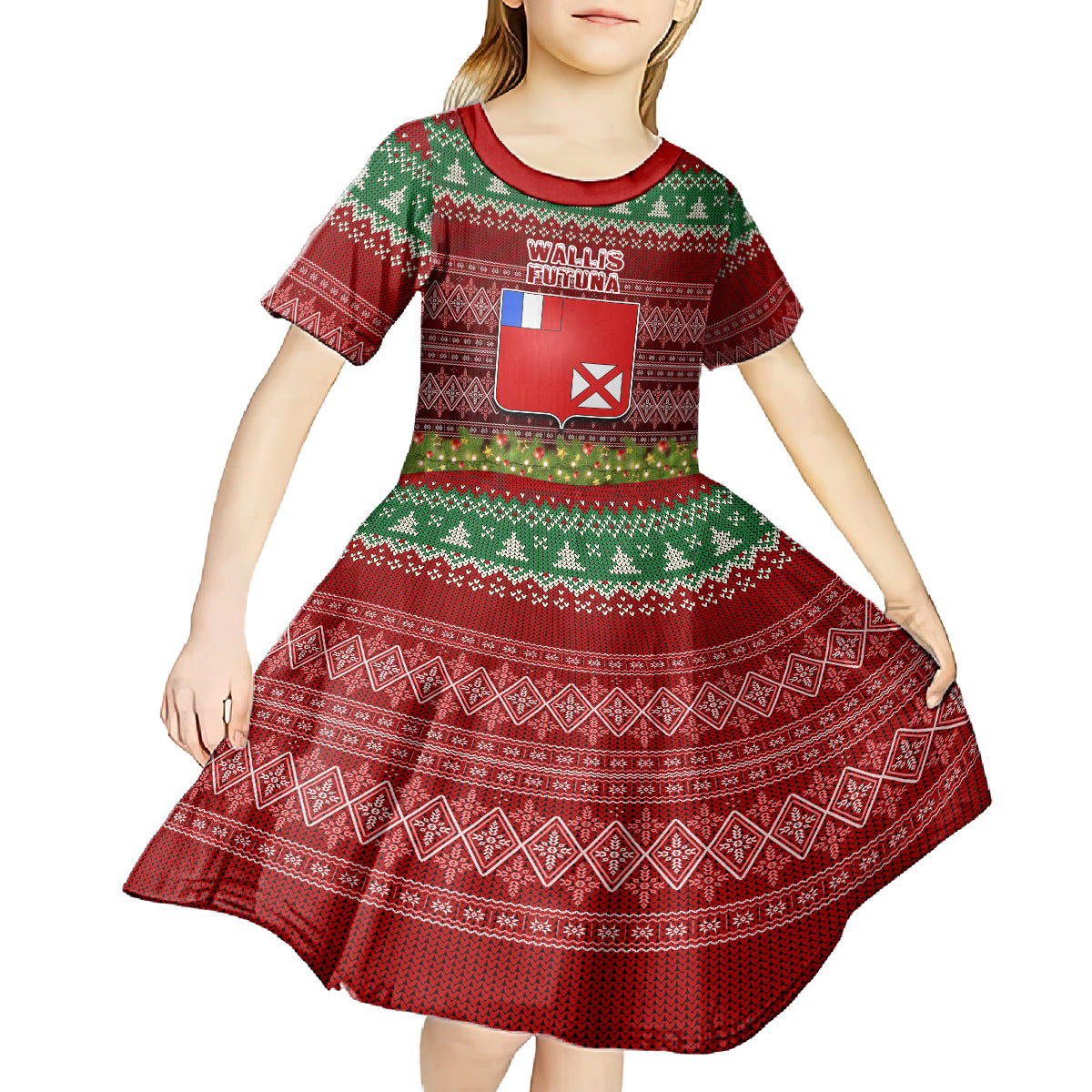 Personalised Wallis and Futuna Christmas Kid Short Sleeve Dress Coat of Arms and Map Beautiful Merry Xmas Snowflake LT03 - Polynesian Pride