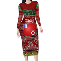 Personalised Wallis and Futuna Christmas Long Sleeve Bodycon Dress Coat of Arms and Map Beautiful Merry Xmas Snowflake LT03 Long Dress Red - Polynesian Pride