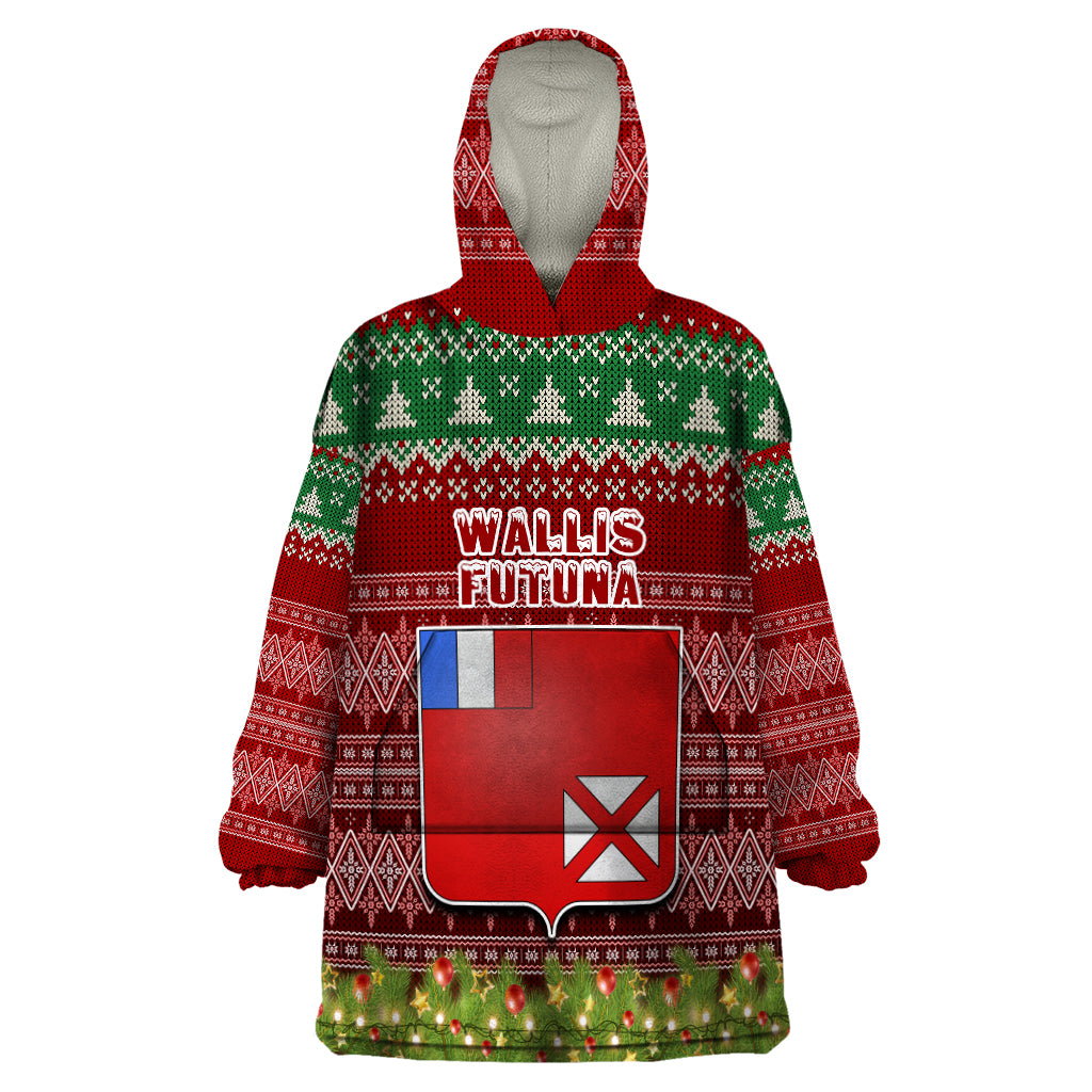Personalised Wallis and Futuna Christmas Wearable Blanket Hoodie Coat of Arms and Map Beautiful Merry Xmas Snowflake LT03 One Size Red - Polynesian Pride