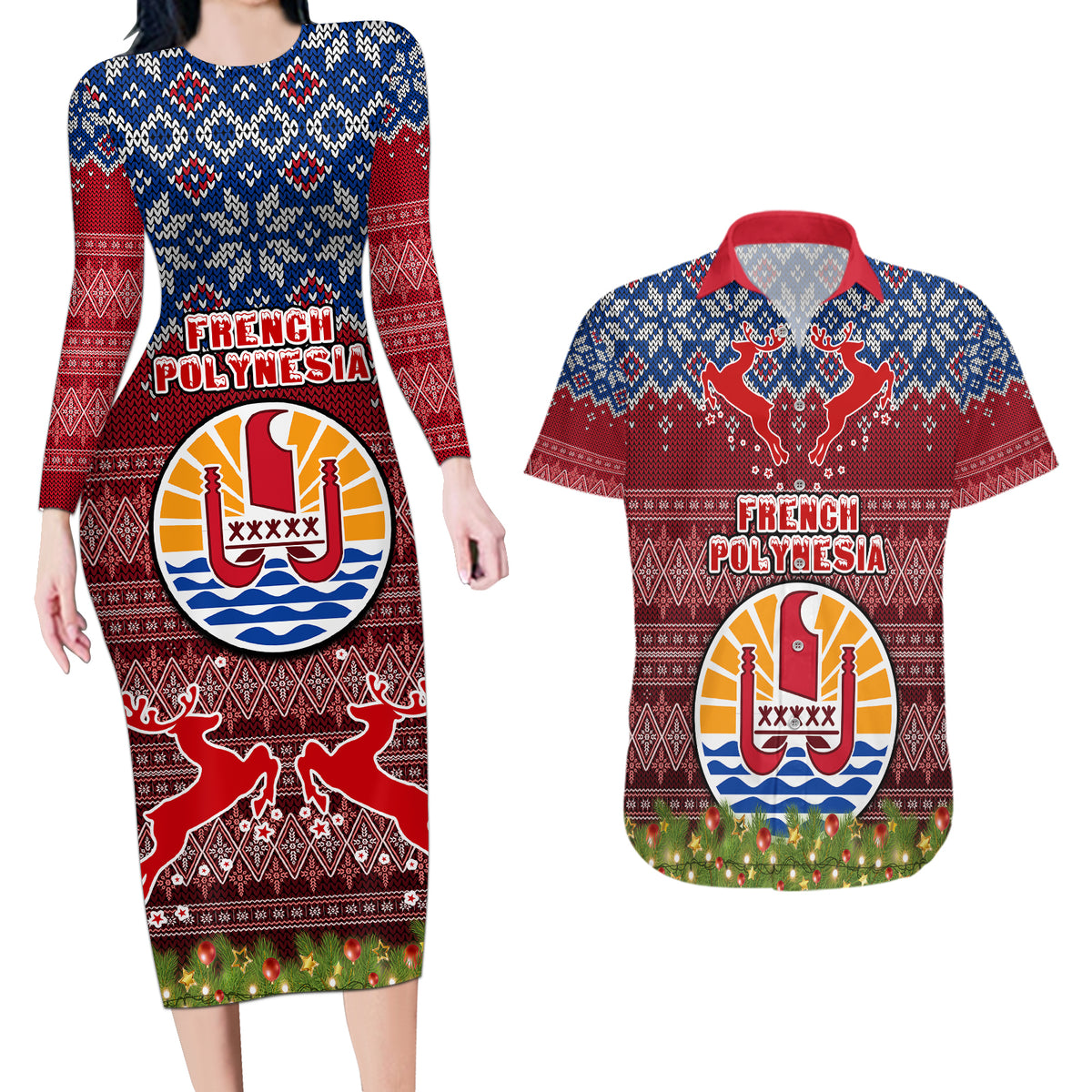 Personalised French Polynesia Christmas Couples Matching Long Sleeve Bodycon Dress and Hawaiian Shirt Coat of Arms and Map Beautiful Merry Xmas Snowflake LT03 Red - Polynesian Pride