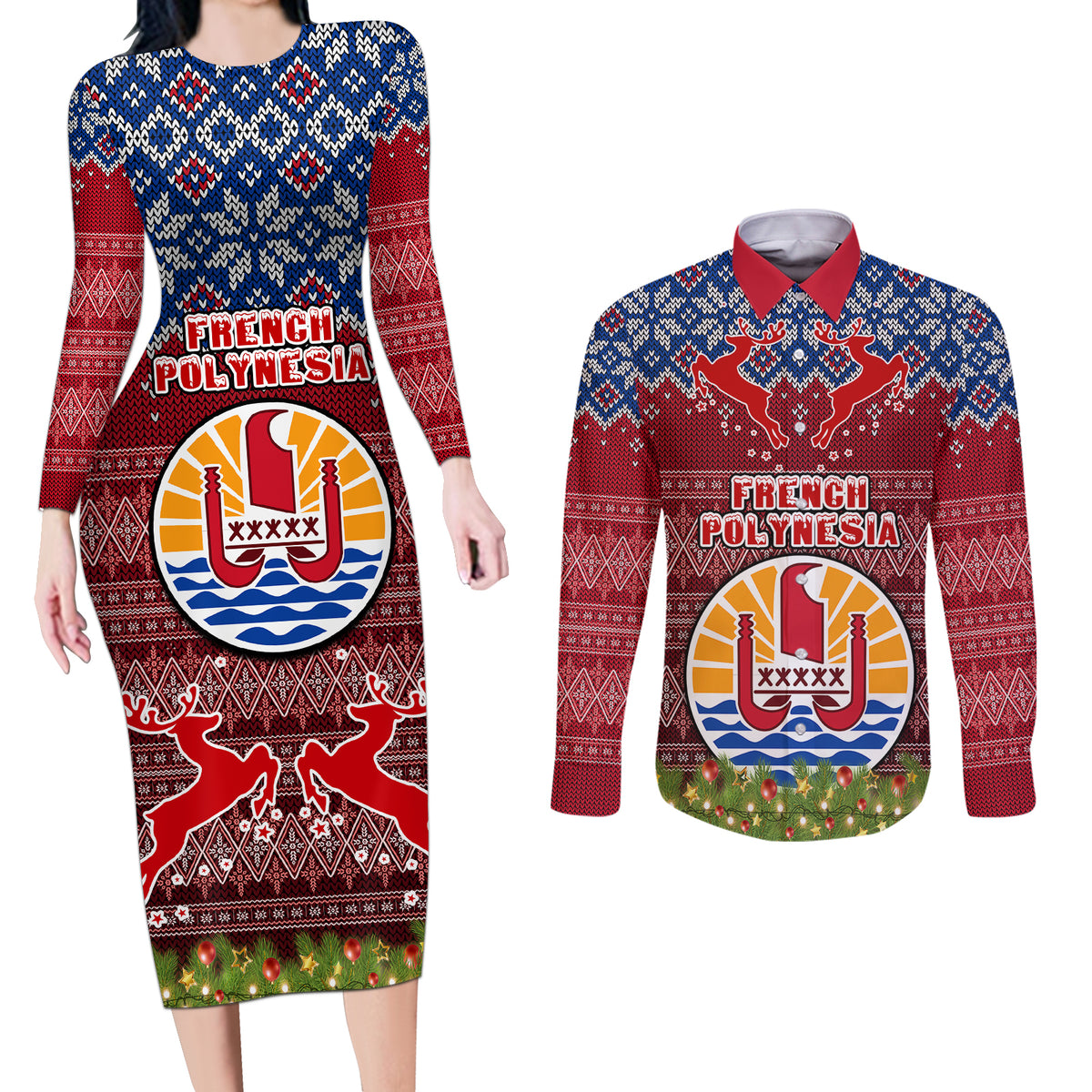 Personalised French Polynesia Christmas Couples Matching Long Sleeve Bodycon Dress and Long Sleeve Button Shirts Coat of Arms and Map Beautiful Merry Xmas Snowflake LT03 Red - Polynesian Pride